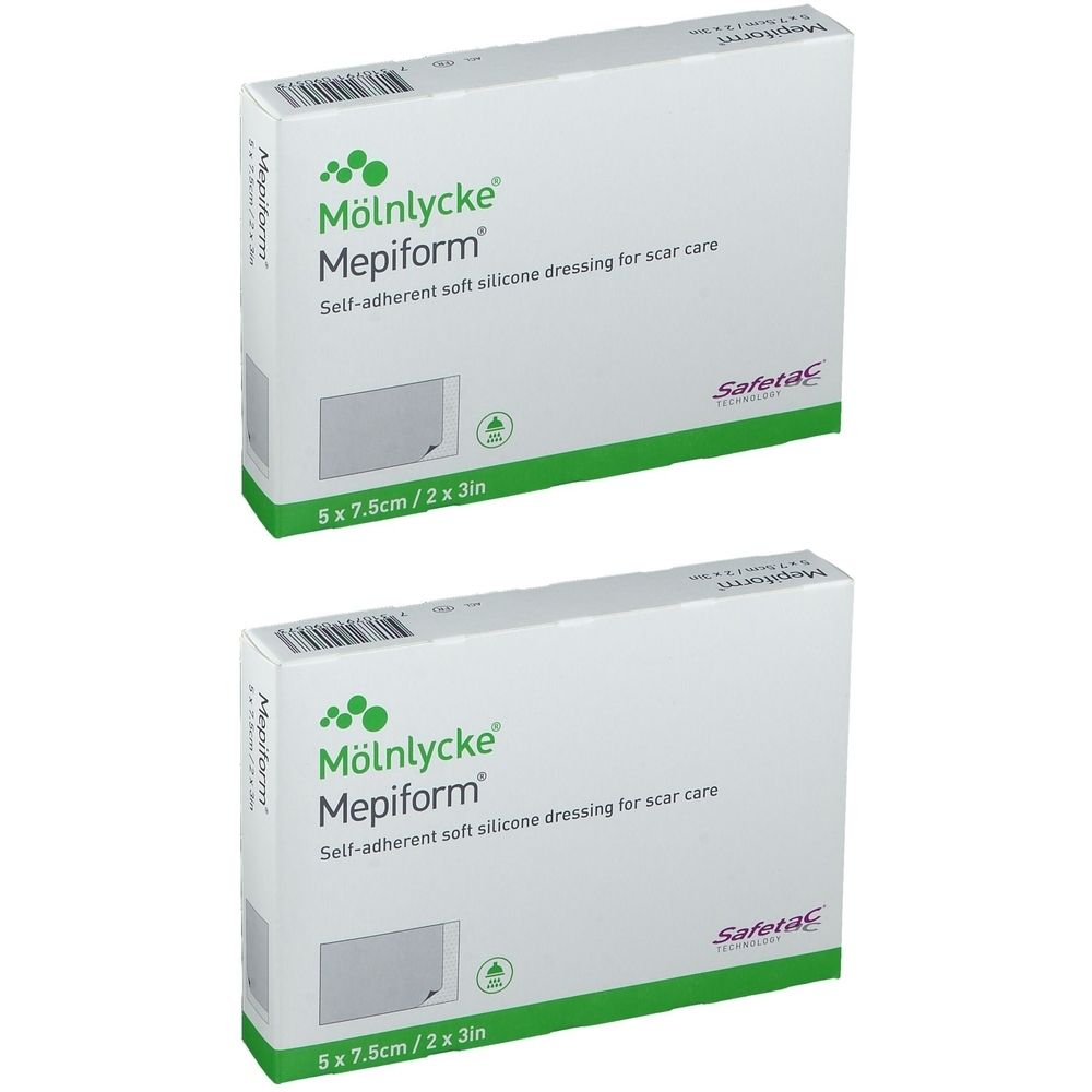 Deux boîtes de Mepiform, pansement en silicone auto-adhésif pour cicatrices. Inscription : 5 x 7,5 cm / 2 x 3 pouces.