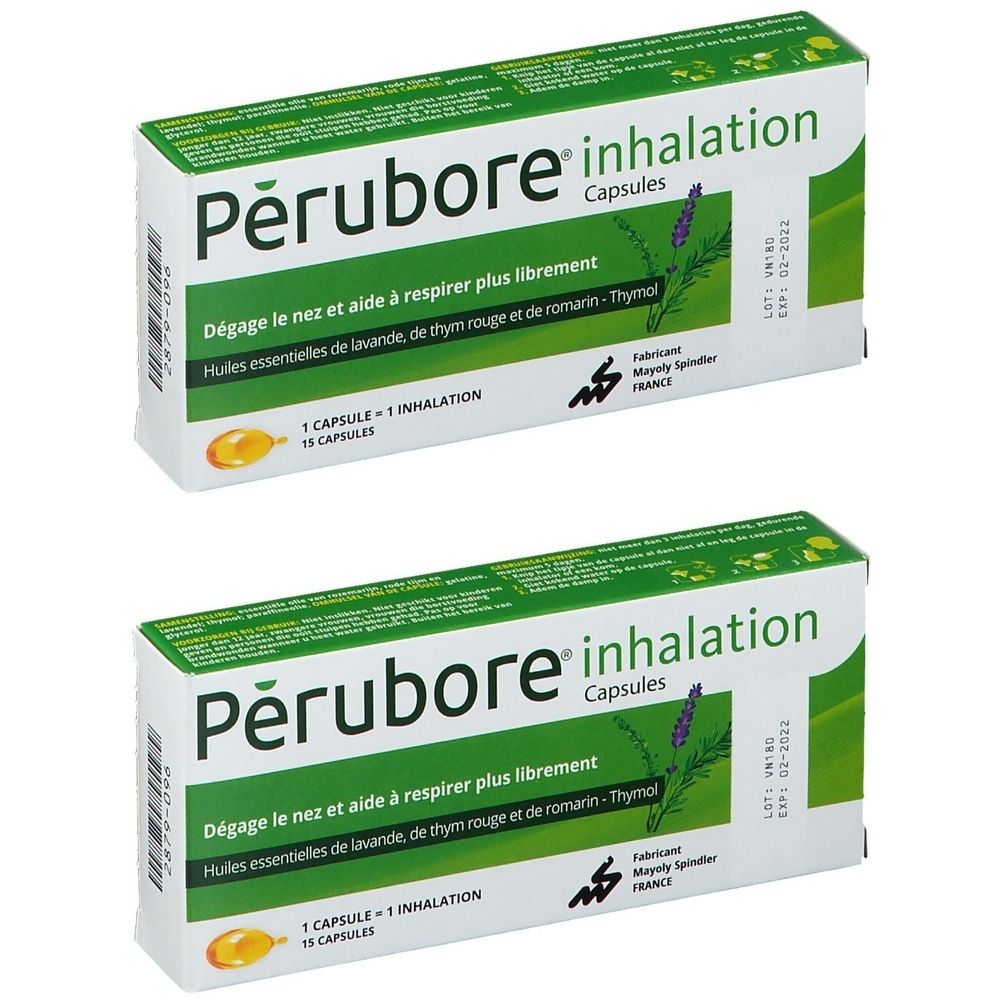 Deux boîtes de Perubore inhalation. Inscription: Dégage le nez et aide à respirer plus librement. Contient des capsules.