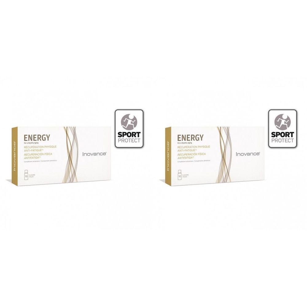 Deux boîtes blanches avec "ENERGY" et "SPORT PROTECT". Marque "Inovance".