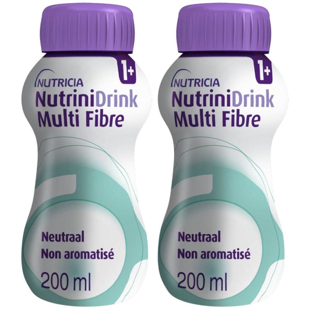 Deux bouteilles de Nutricia Nutrinidrink Multi Fibre. Blanc, bouchon violet. Inscription : Neutraal, Non aromatisé, 200 ml.
