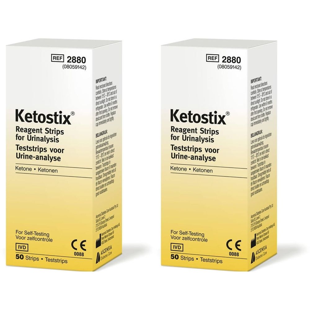 Deux boîtes de bandelettes réactives Ketostix. Inscription : Reagent Strips for Urinalysis, 50 bandelettes. Marquage CE.