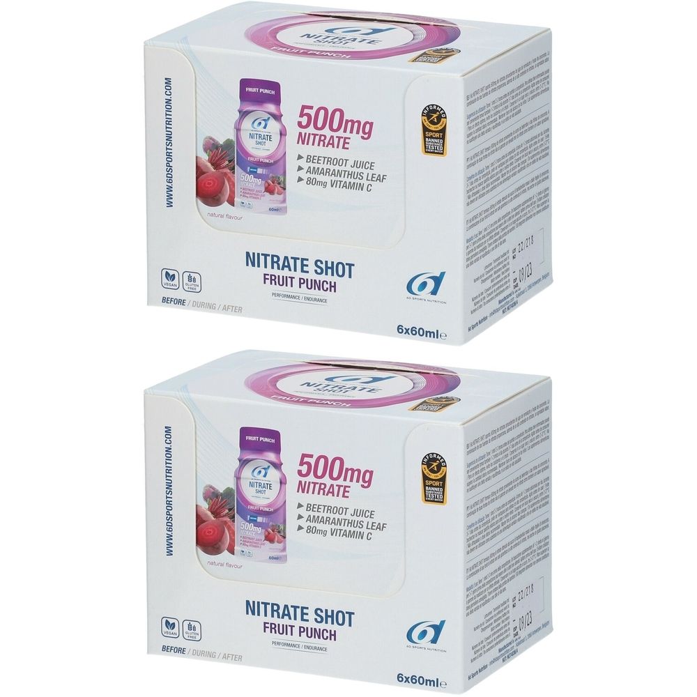 Deux boîtes de produit. Inscription : Nitrate Shot Fruit Punch, 500mg Nitrate, jus de betterave, feuille d'amarante, vitamine C. 6x60ml.