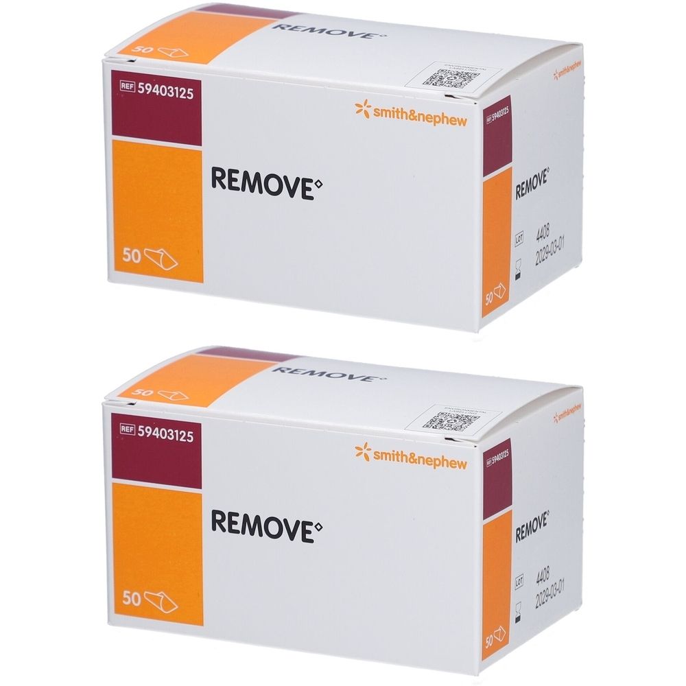 Deux boîtes blanches avec des accents orange et bordeaux. Inscription : REMOVE, Smith & Nephew.