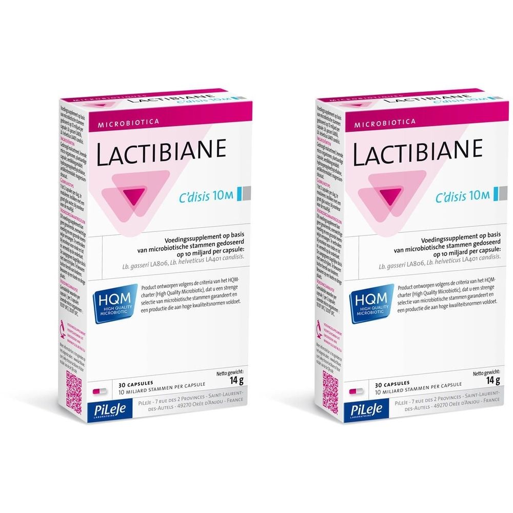 Deux boîtes rectangulaires. Inscription: LACTIBIANE C'disis 10M. Emballage rose et blanc. Marque Pileje.
