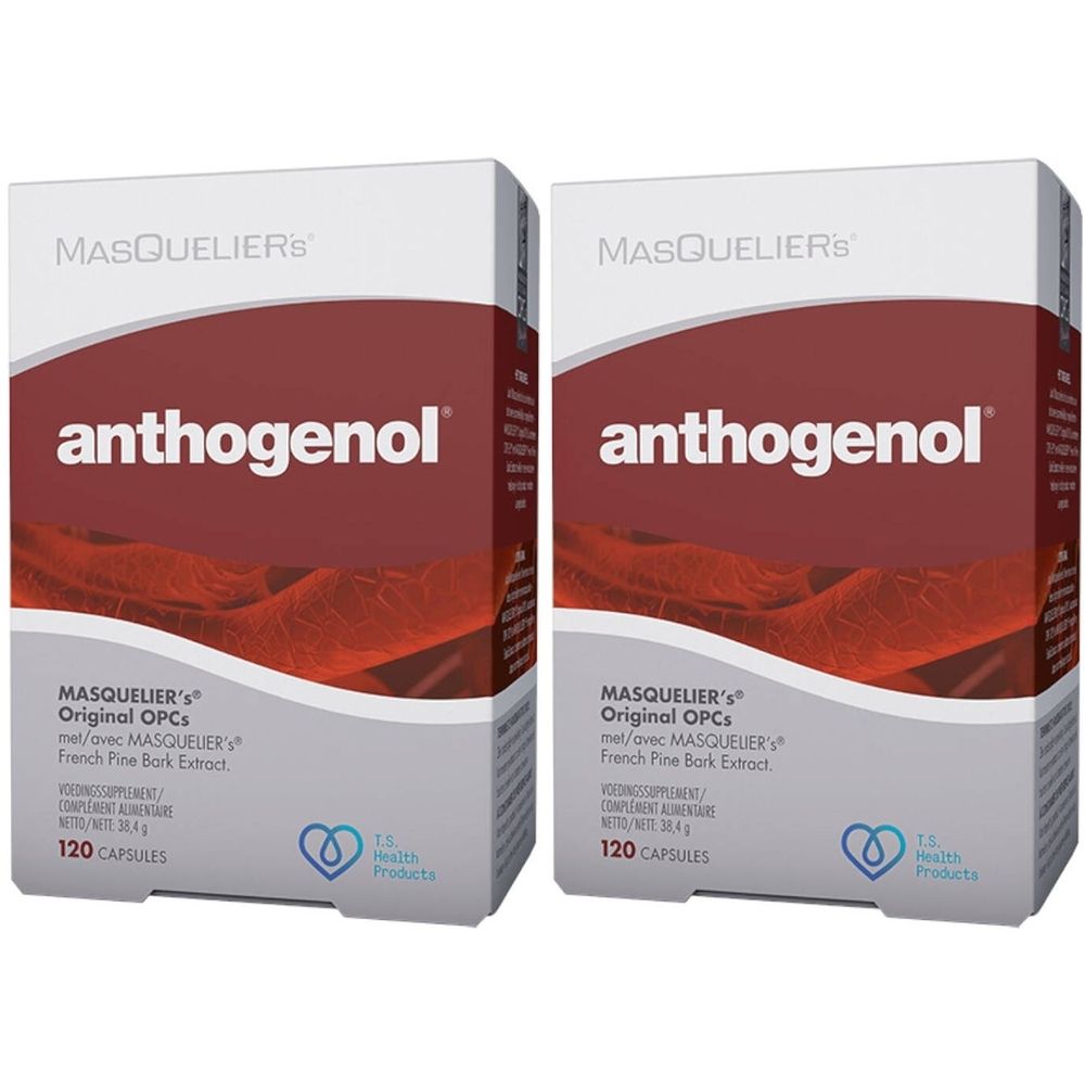 Deux boîtes d'Anthogenol. Inscription : MASQUELIER's Original OPCs, 120 capsules. Logo : 1.S. Health Products.