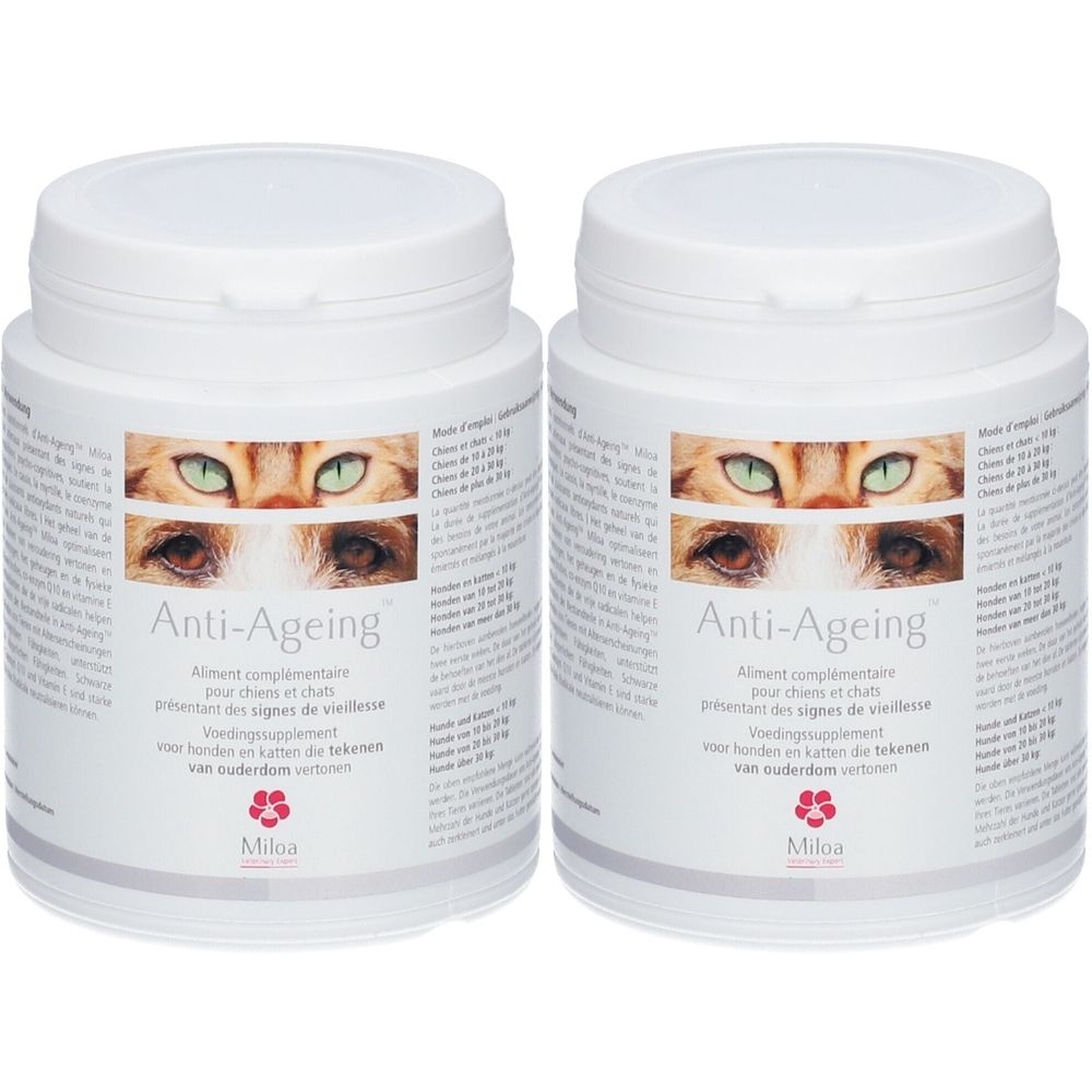 Deux pots blancs avec couvercles. Texte "Anti-Ageing" et yeux de chat. Complément alimentaire pour chiens et chats.