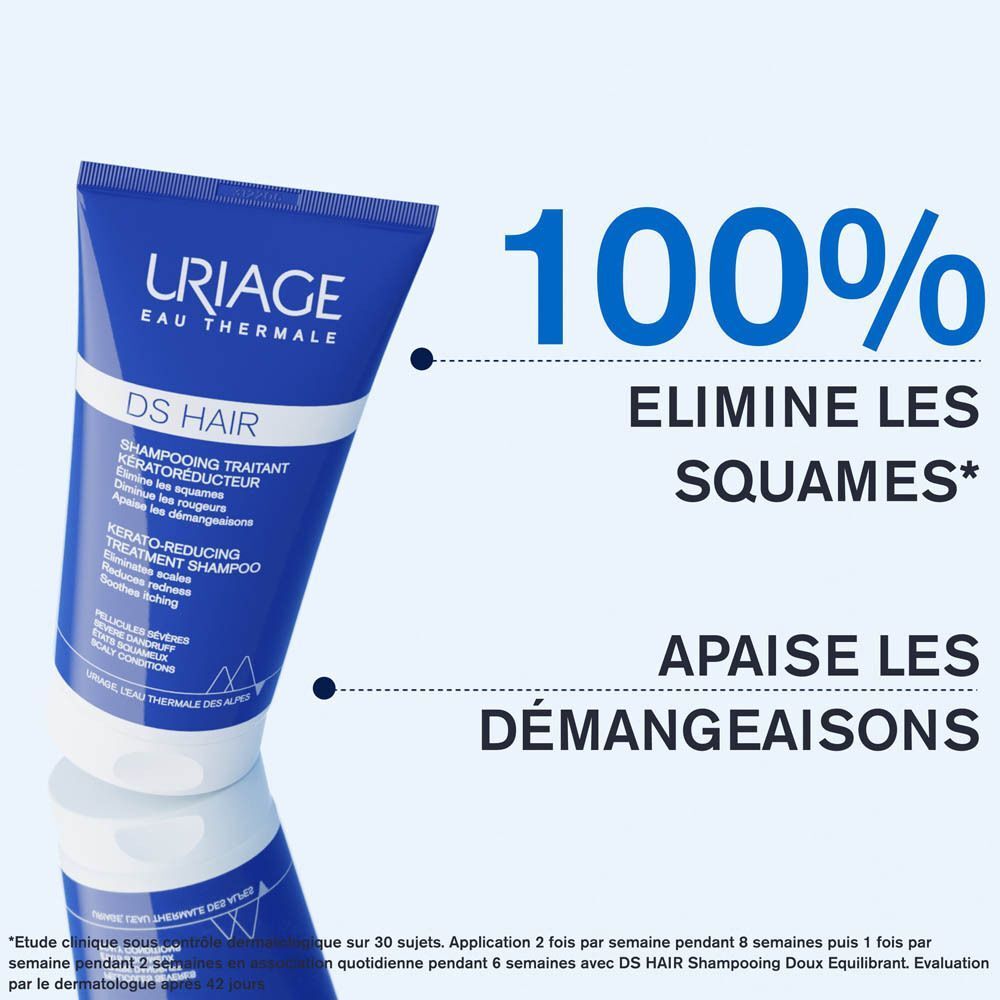 Tube bleu Uriage DS Hair. Texte: 100% Elimine les squames, Apaise les démangeaisons.