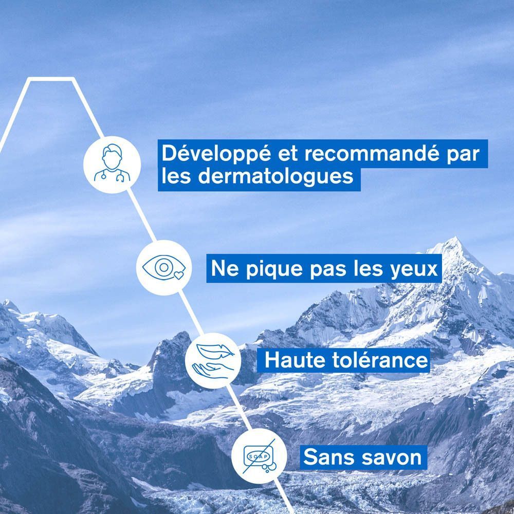 Texte: Développé et recommandé par les dermatologues, Ne pique pas les yeux, Haute tolérance, Sans savon.