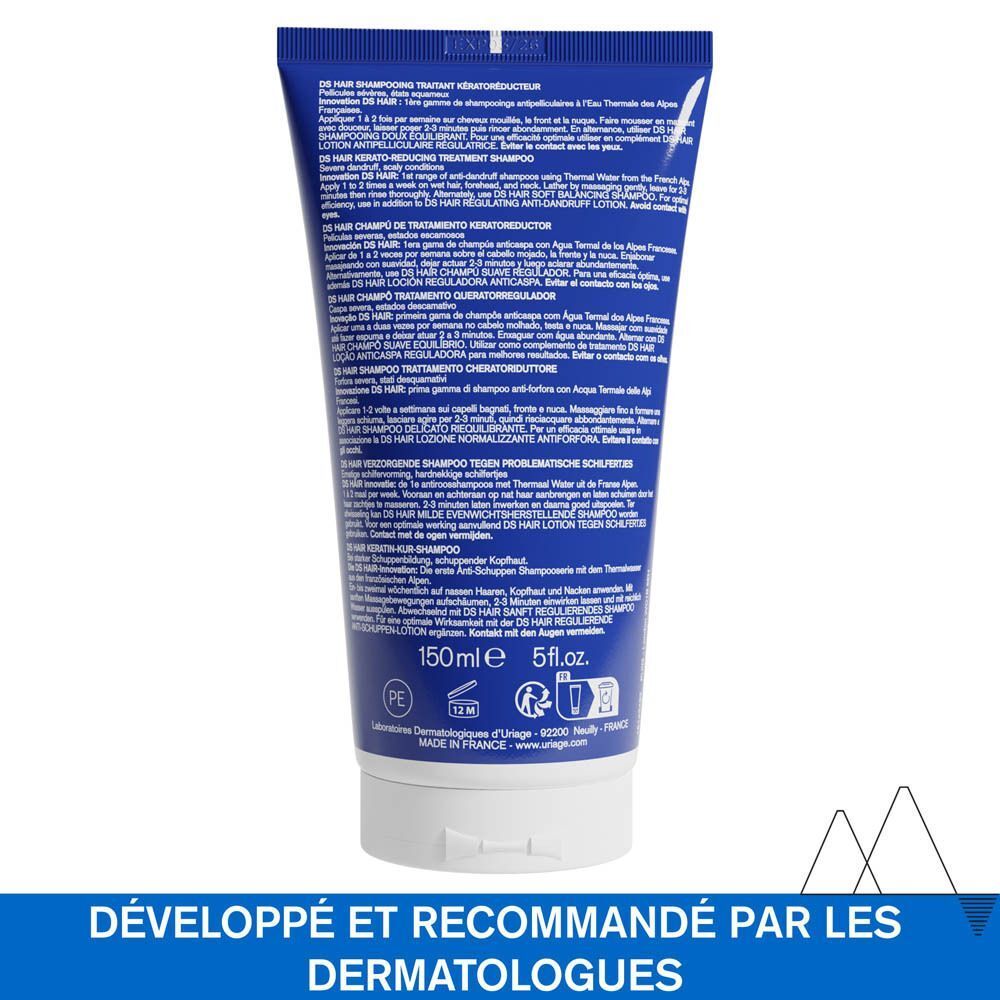 Dos d'un tube Uriage DS Hair Shampooing Traitant Kératoréducteur. Texte en français.