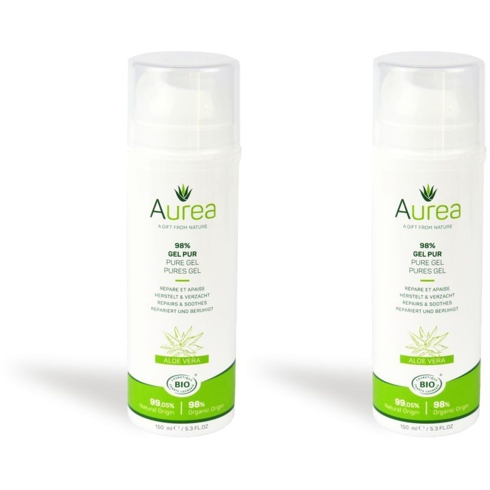 Deux flacons blancs avec étiquette verte. Inscription : Aurea, 98% Gel Pur Aloe Vera. Certification Bio.