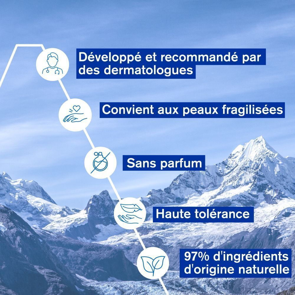 Graphique avec texte: Développé et recommandé par des dermatologues, Conviens aux peaux fragilisées, Sans parfum, Haute tolérance.