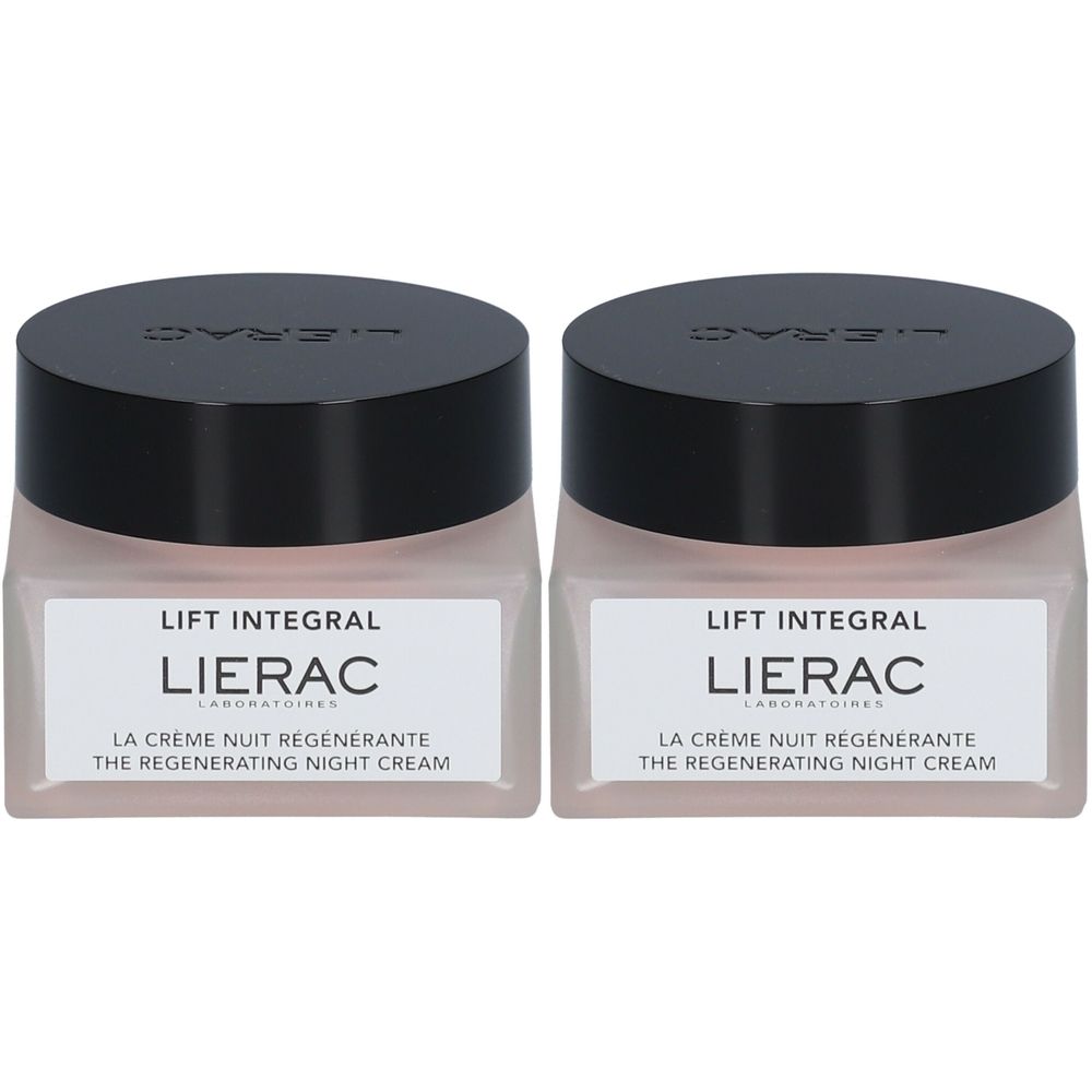 Deux pots de crème de nuit. Inscription : Lierac, Lift Integral, La Crème Nuit Régénérante. Couvercle noir, contenant rose.