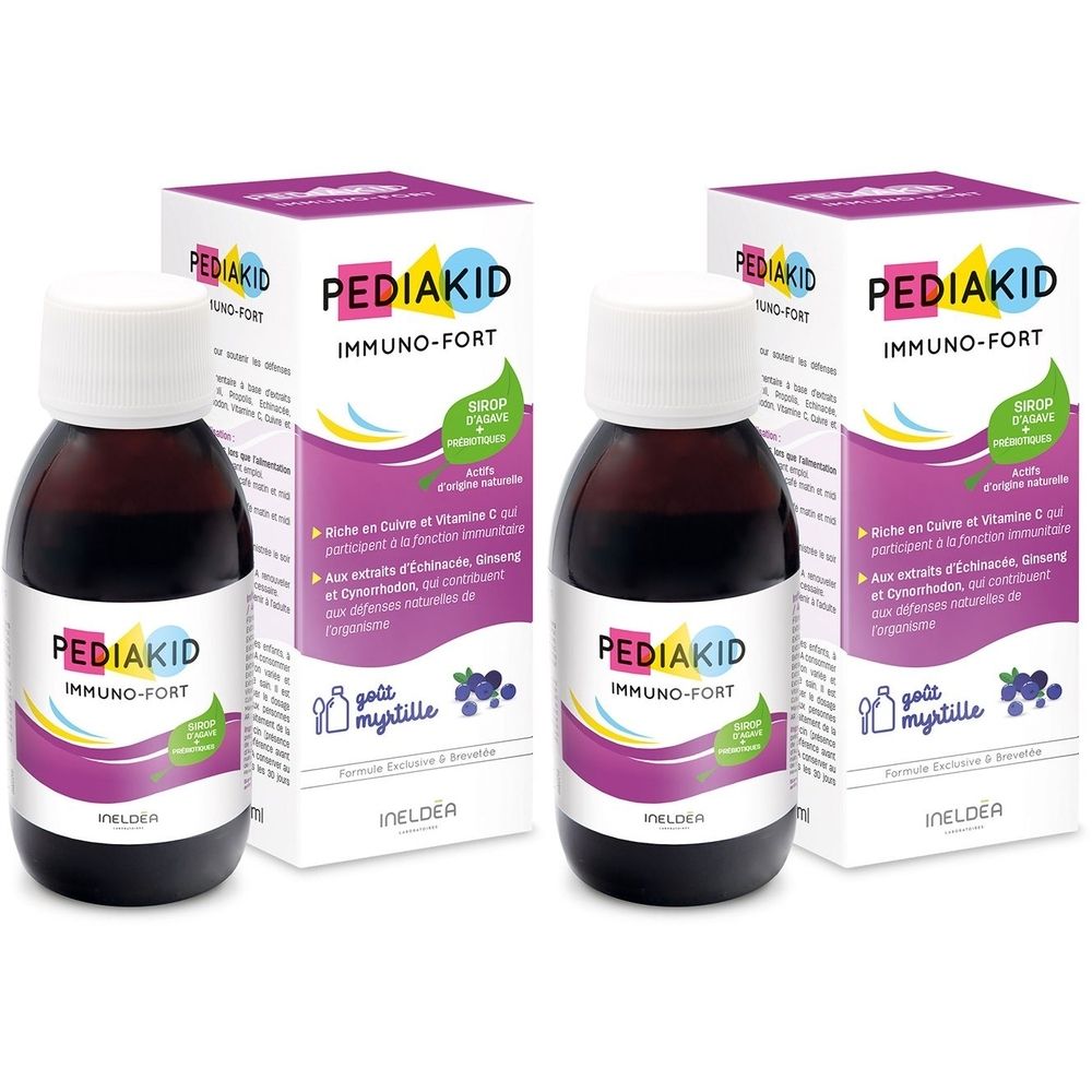 Deux flacons et boîtes PEDIAKID IMMUNO-FORT. Emballage violet et blanc, liquide bleu. Ingrédients et logo myrtille visibles.