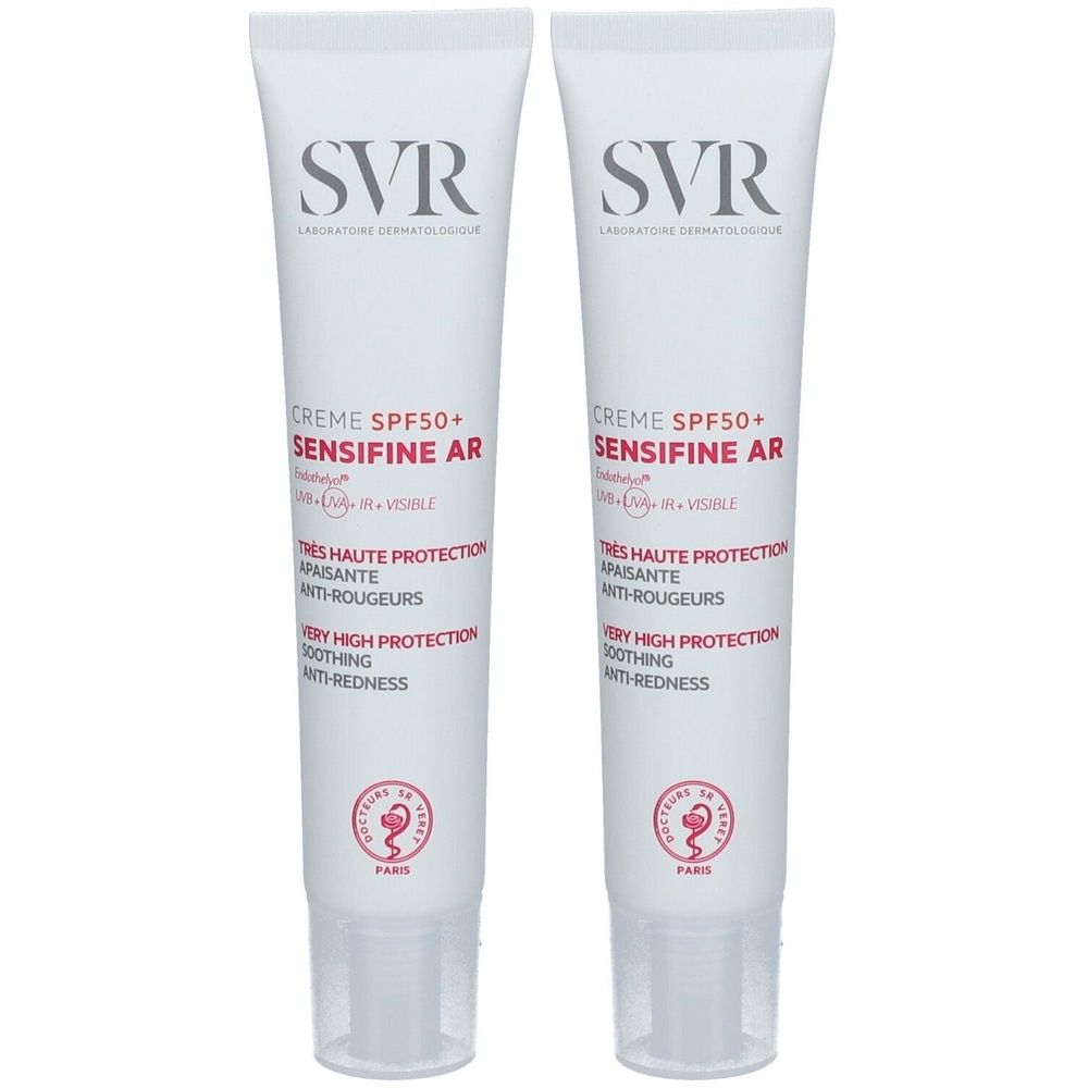 Deux tubes de crème SVR Sensifine AR SPF50+. Tubes blancs avec texte rouge et noir. Protection solaire et anti-rougeurs.