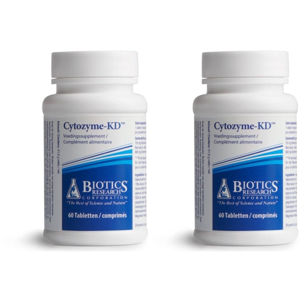 Deux flacons blancs avec étiquettes "Cytozyme-KD". Inscription "BIOTICS RESEARCH CORPORATION". Chaque flacon contient 60 comprimés.
