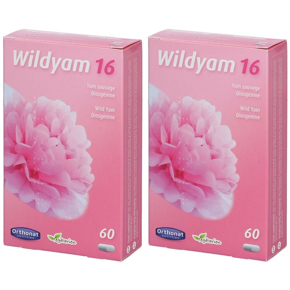 Deux boîtes roses avec "Wildyam 16". Inscription : Yam sauvage, Diosgenine, Wild Yam, Diesgenine. 60 gélules. Marque : Orthonat.