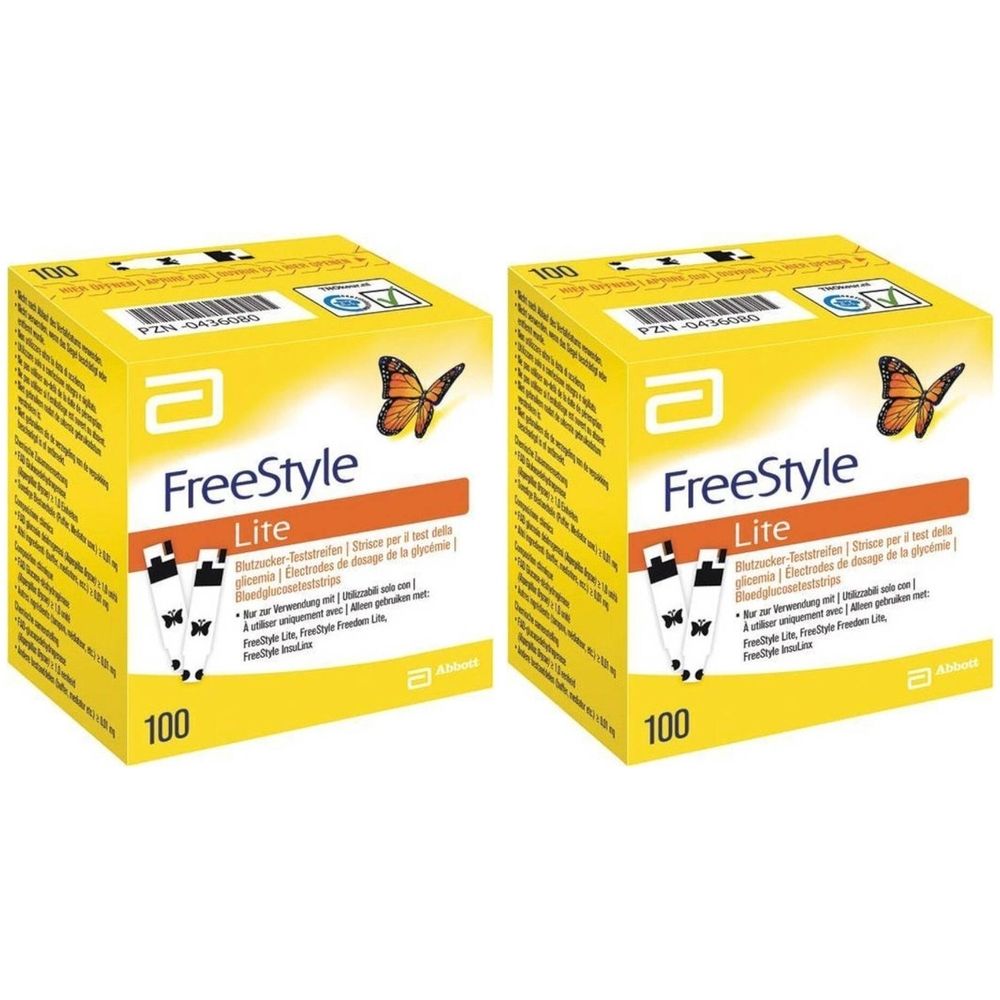 Deux boîtes jaunes "FreeStyle Lite". Papillons et le chiffre 100 sont imprimés. Logo Abbott.