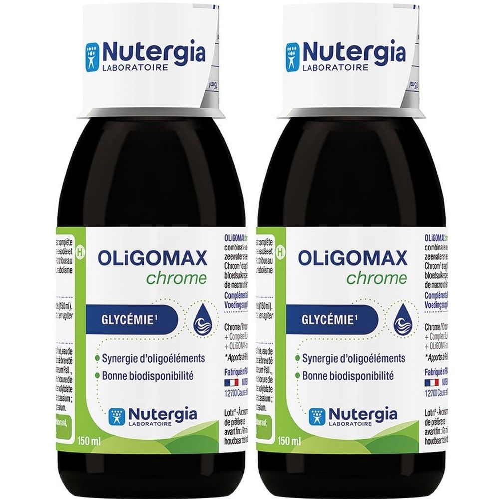 Deux flacons de liquide noir. Inscription: Oligomax chrome, Glycémie, Nutergia Laboratoire. Étiquettes vertes et bleues.
