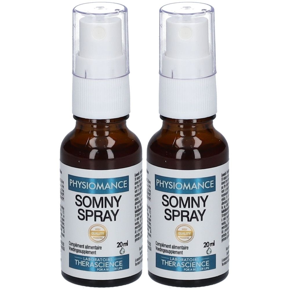 Deux flacons de spray. Inscription: Physiomance Somny Spray. Flacons en verre brun avec étiquette blanche et bouchon transparent.