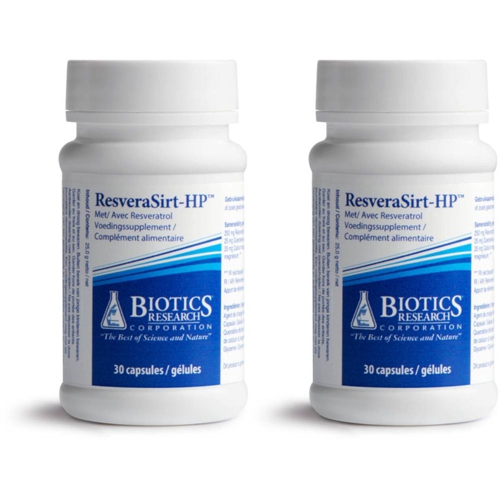 Deux flacons blancs de ResveraSirt-HP. Inscription: Biotics Research Corporation. Contient 30 capsules.