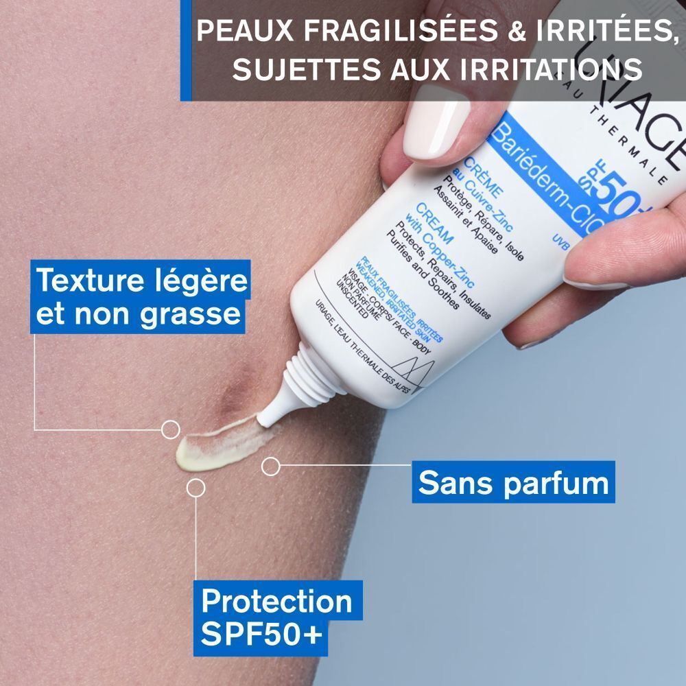 Application de crème sur la peau. Texte: Texture légère et non grasse, Protection SPF50+.