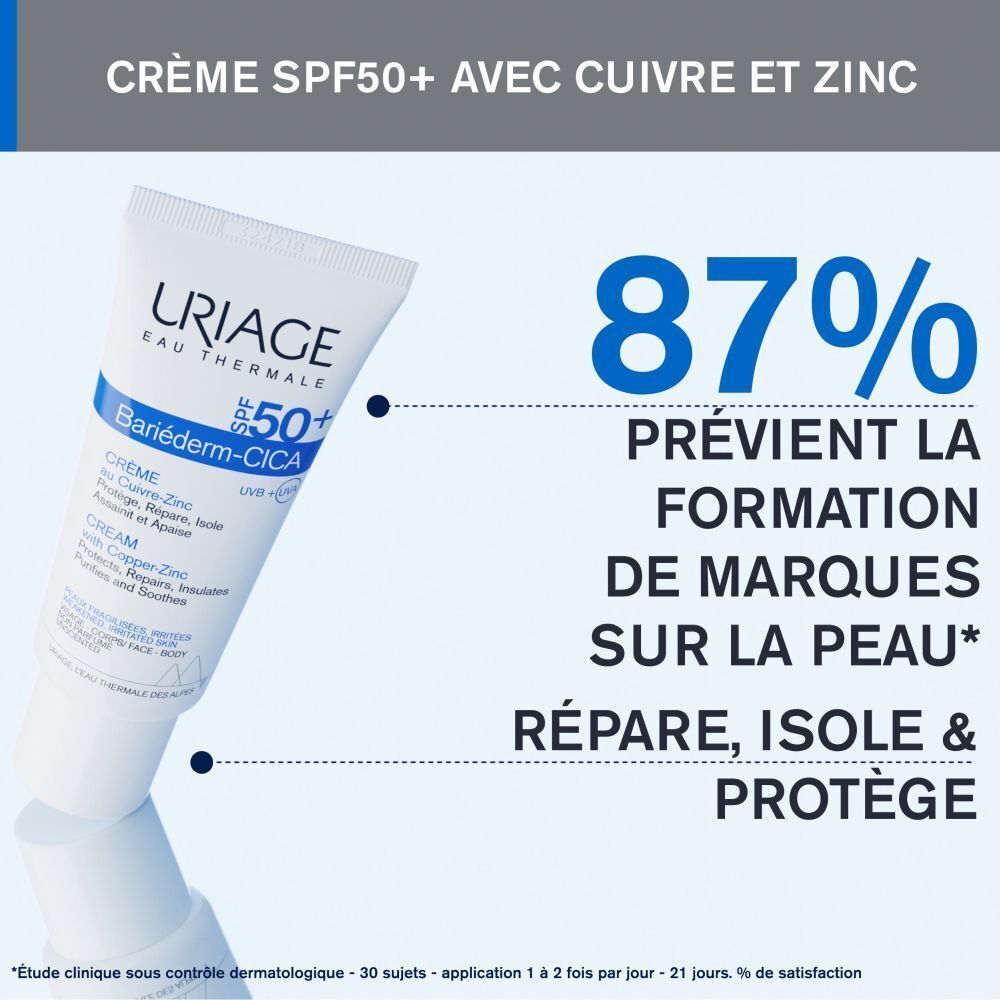 Crème URIAGE Bariéderm-CICA SPF 50+. Texte avec 87% de prévention des marques cutanées. Répare, isole et protège.
