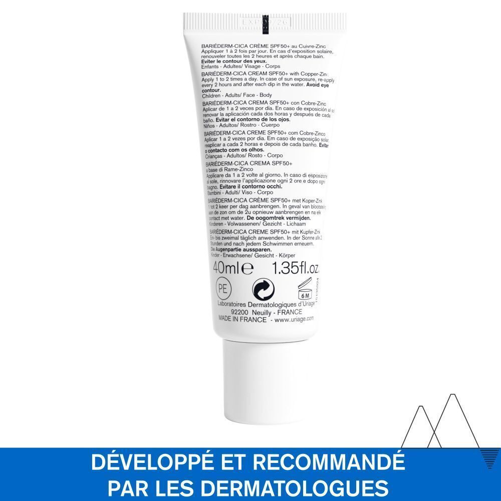 Dos du tube de crème Uriage Bariéderm-CICA SPF 50+. Texte et informations.