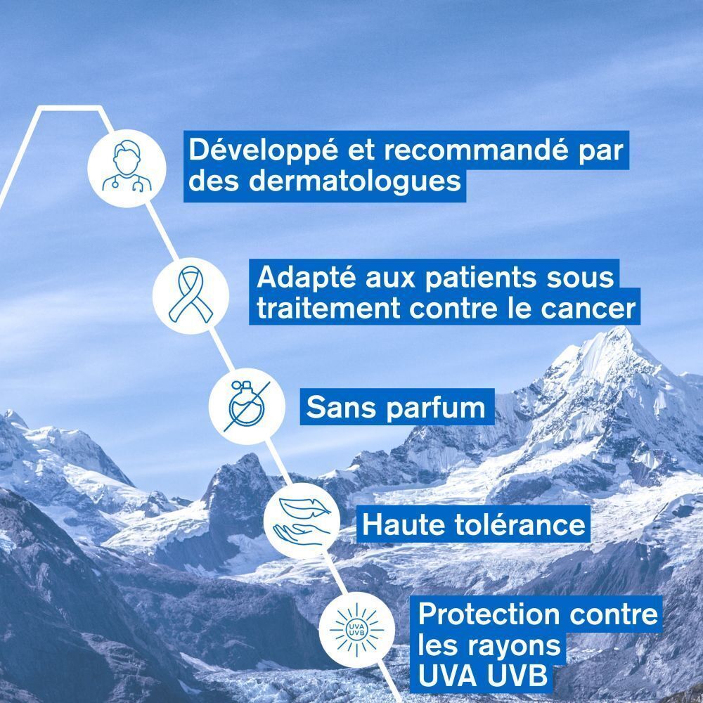 Crème URIAGE Bariéderm-CICA SPF 50+. La crème est appliquée sur la peau. Texte : Texture légère et non grasse. Sans parfum.