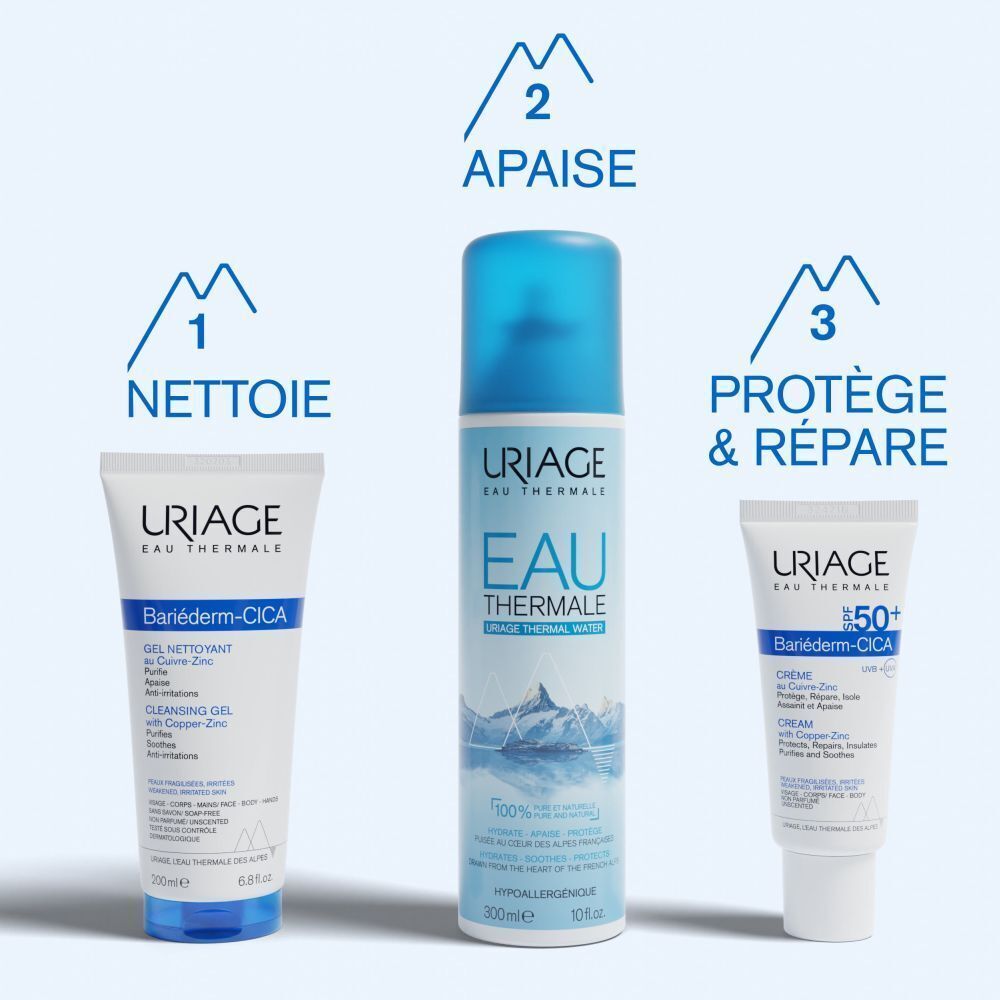 Trois produits Uriage: Gel nettoyant, Eau Thermale, Crème Bariéderm-CICA SPF 50+.