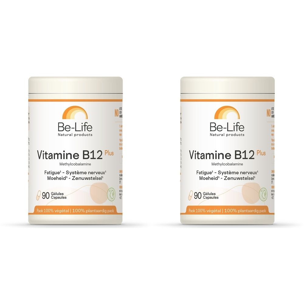 Deux boîtes blanches de "Vitamine B12 Plus" de Be-Life. Inscription : Fatigue, Système nerveux, Moeheid, Zenuwstelsel. Contient 90 gélules.