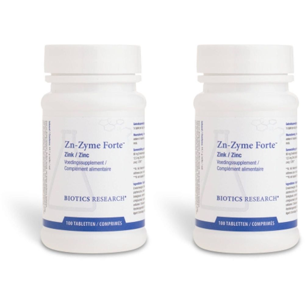 Deux flacons blancs avec l'étiquette "Zn-Zyme Forte". Inscription : Zinc/Zinc, complément alimentaire. Marque : BIOTICS RESEARCH. 100 comprimés.