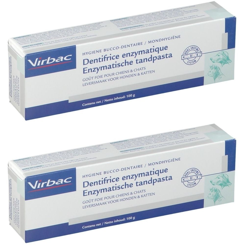 Deux boîtes de dentifrice enzymatique Virbac. Inscription : Gout Foie pour chiens & chats. Contient 100 g.