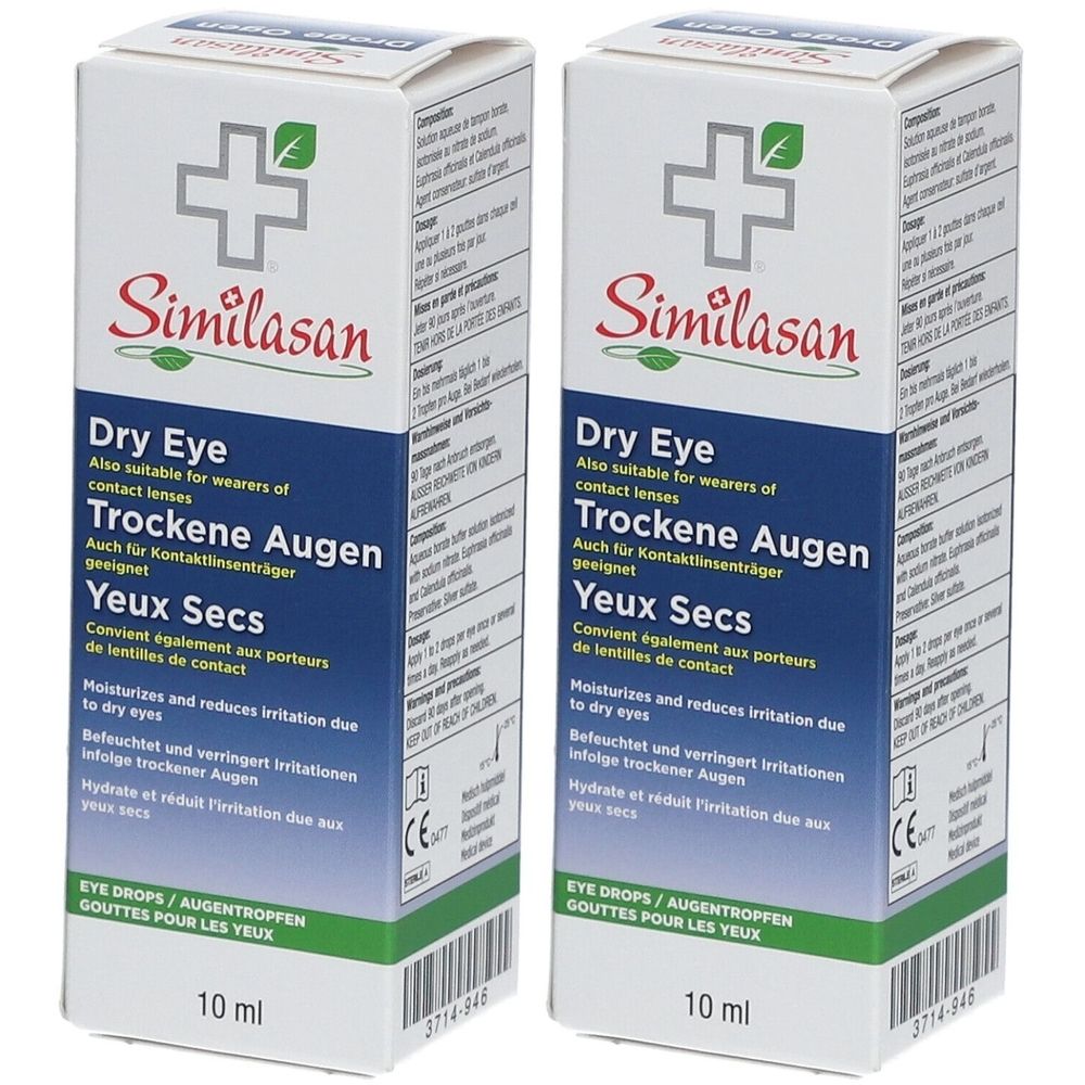 Deux boîtes de Similasan Yeux Secs. Emballage blanc avec logo et nom du produit. Contenu de 10 ml.