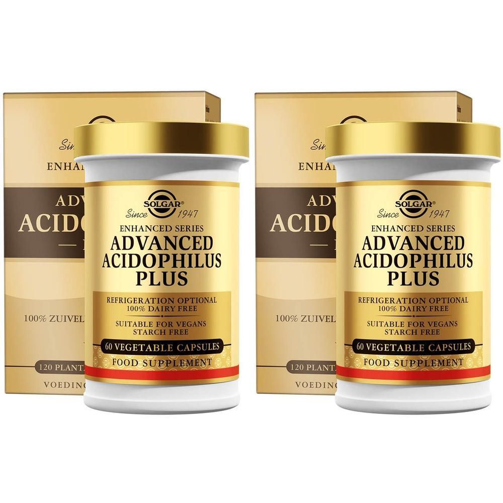 Deux flacons de 60 gélules végétales Solgar Advanced Acidophilus Plus.