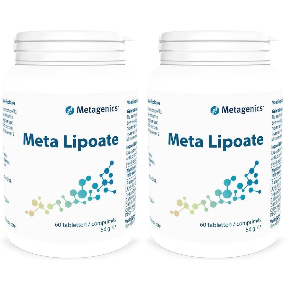 Deux flacons blancs de "Meta Lipoate" avec le logo Metagenics. Chaque flacon contient 60 comprimés.