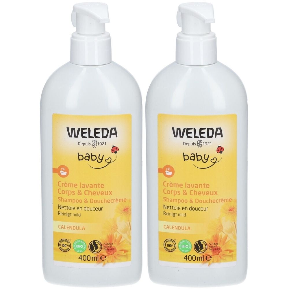 Deux flacons blancs avec pompe. Étiquettes avec nom du produit et logo. Inscription: WELEDA Baby Crème lavante Corps & Cheveux au Calendula.