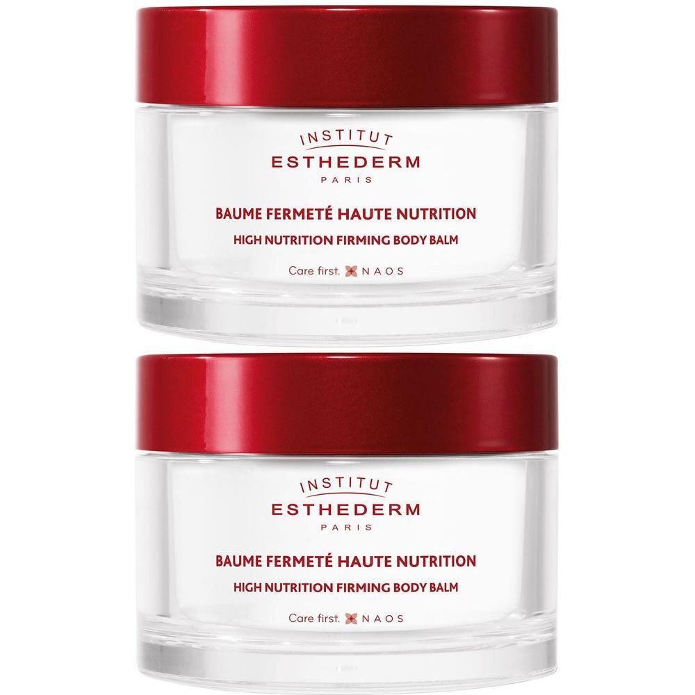 Deux pots de Baume Fermeté Haute Nutrition INSTITUT ESTHEDERM. Pots blancs avec couvercles bordeaux. Inscription visible.