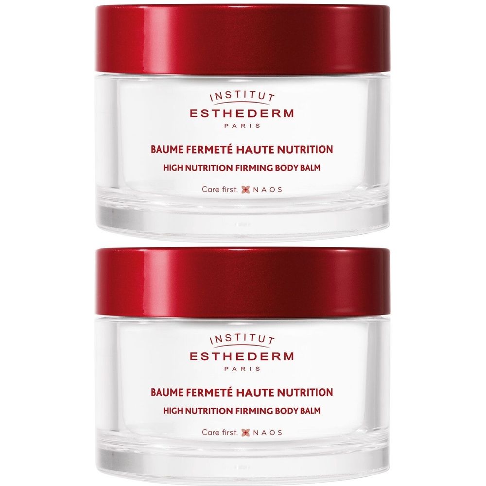 Deux pots INSTITUT ESTHEDERM. Verre blanc, couvercle bordeaux. Inscription : Baume Fermeté Haute Nutrition, High Nutrition Firming Body Balm.