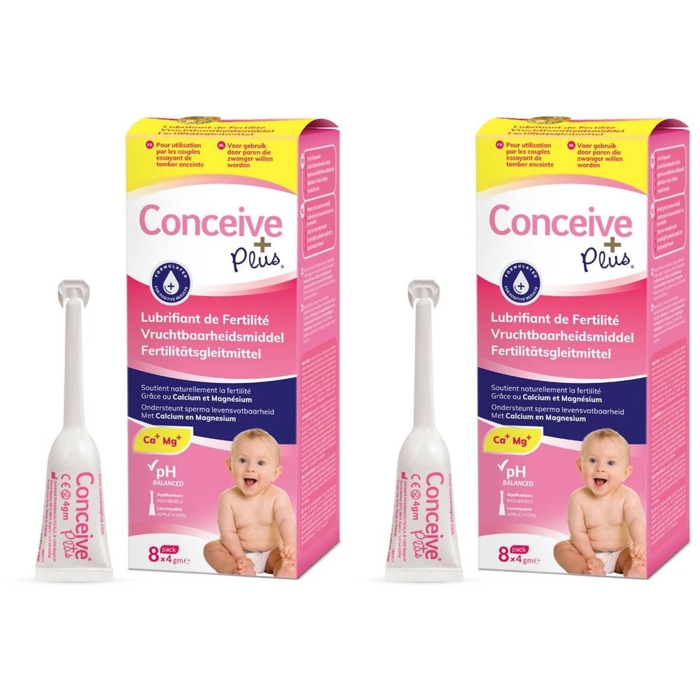 Deux boîtes de Conceive Plus. Emballage rose avec image de bébé. Contient des applicateurs.