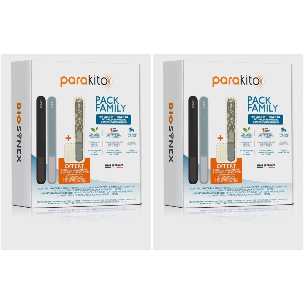 Boîte Parakito Pack Family, bracelet anti-moustique camouflage. Contient bracelets et recharges.