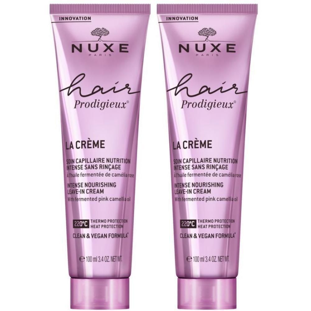 Deux tubes de Nuxe Hair Prodigieux La Crème. Tubes roses avec texte blanc. Nom du produit et détails.
