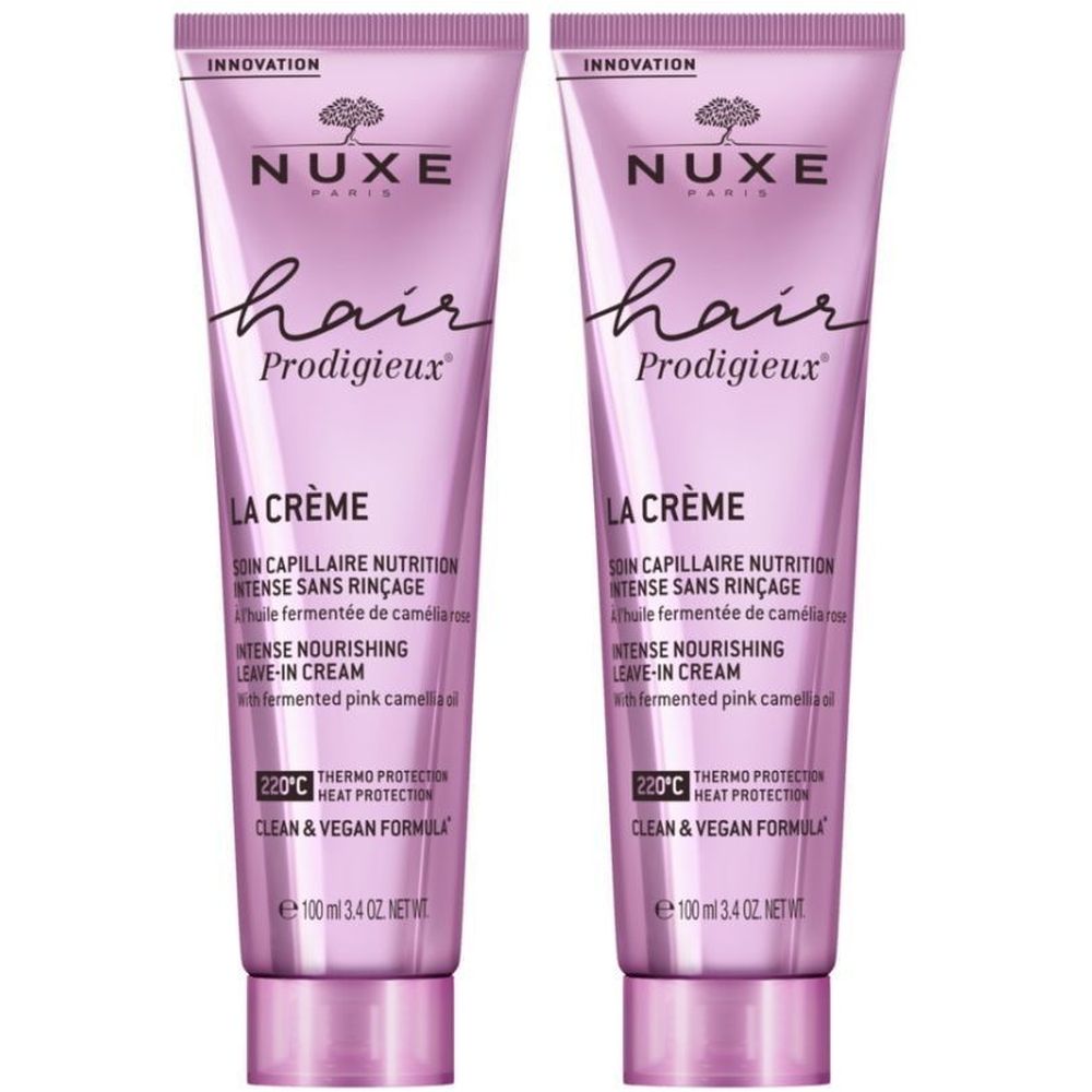 Deux tubes de Nuxe Hair Prodigieux La Crème. Tubes roses avec texte blanc. Contient des informations sur les ingrédients et la protection thermique.