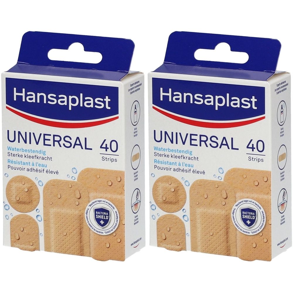 Deux boîtes de pansements Hansaplast Universal. Inscription : Universal 40 strips, résistant à l'eau, forte adhérence. Avec Bacteria Shield.