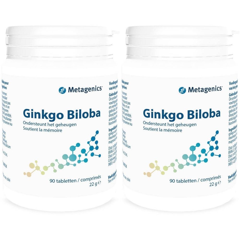 Deux flacons blancs de Ginkgo Biloba. Inscription : Metagenics, Ginkgo Biloba, 90 comprimés, 22g. Soutient la mémoire.