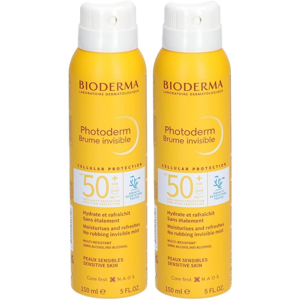 Deux sprays jaunes avec bouchon blanc. Inscription: Bioderma Photoderm Brume invisible SPF50+. 150 ml.