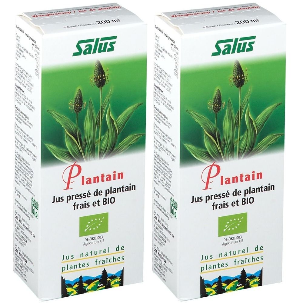 Deux boîtes de jus de plantain Salus. Inscriptions : Plantain, Jus pressé de plantain frais et BIO, Jus naturel de plantes fraîches.