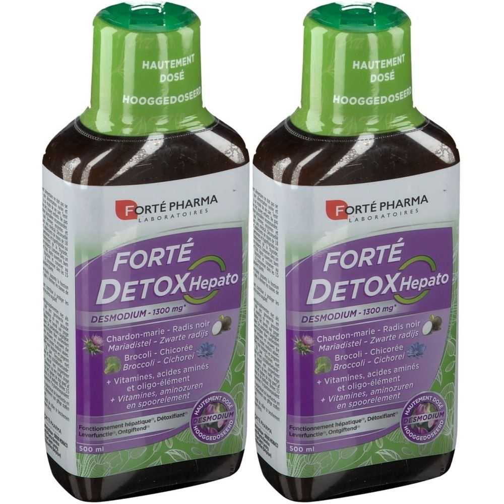 Deux flacons Forte Detox Hepato. Étiquette violette avec informations produit. Bouchon vert. Marque Forte Pharma.