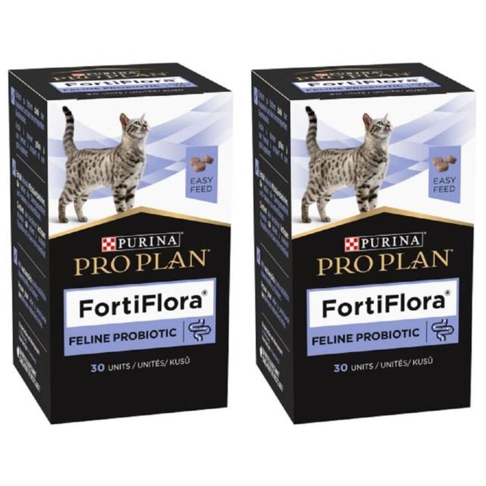 Deux boîtes de Purina Pro Plan FortiFlora Feline Probiotic. Impression : chat, nom du produit, 30 unités. Emballage noir.