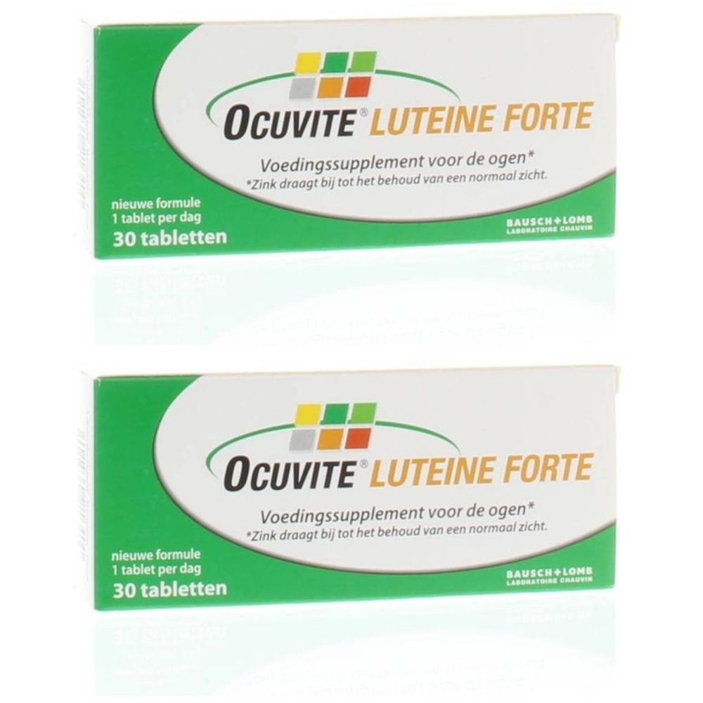 Deux boîtes Ocuvite Lutéine Forte. Emballage vert et blanc. Inscription : 30 comprimés, nouvelle formule. Marque et logo visibles.