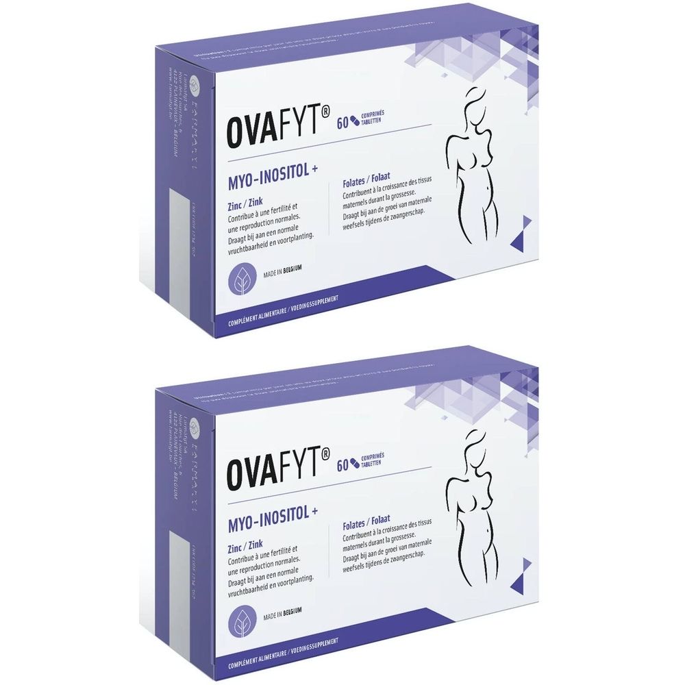 Deux boîtes de OVAFYT® Myo-Inositol+. Boîtes blanches avec des accents violets et des informations sur le produit. Illustration d'une femme.